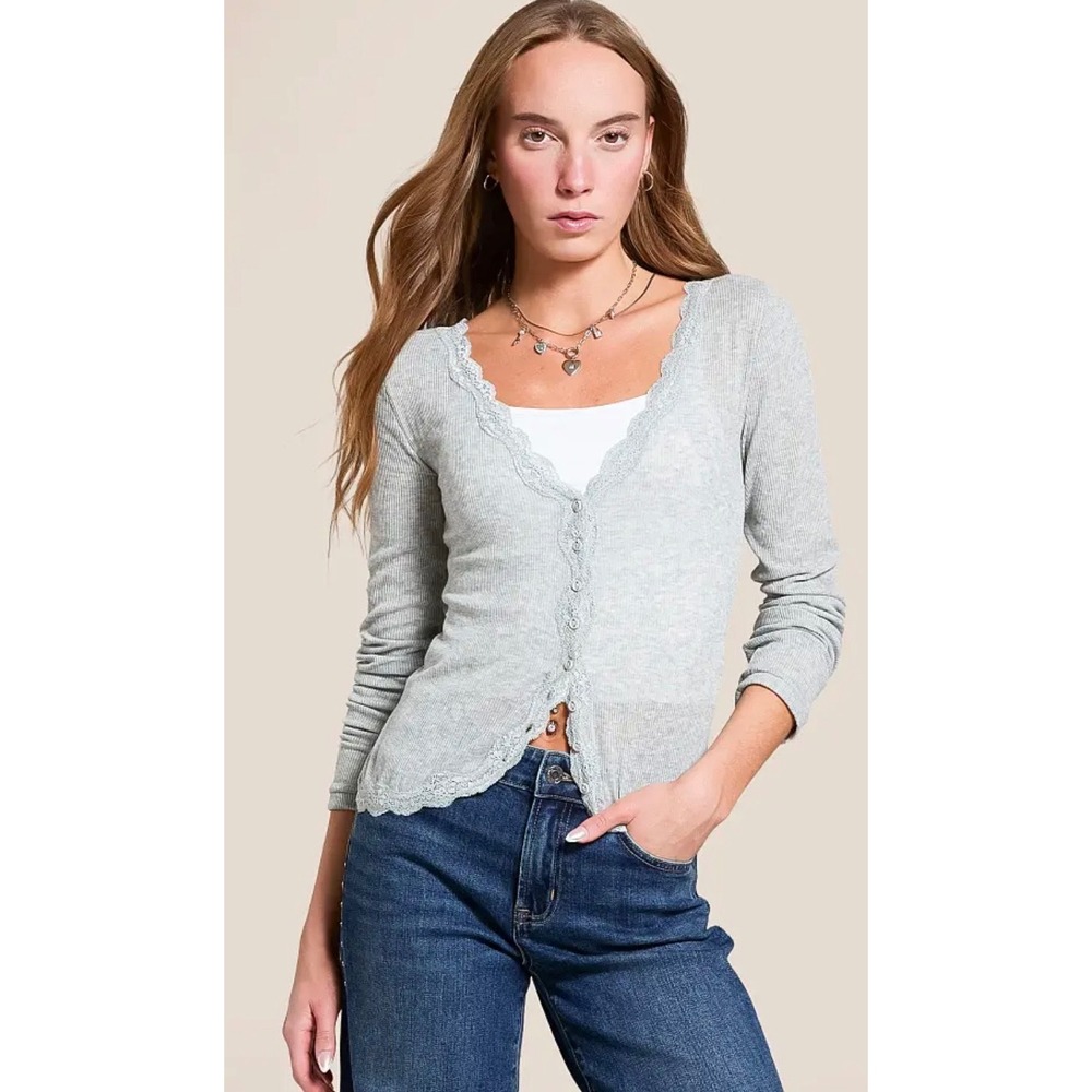 Free People Big Love Cardigan Gray Ribbed Lace Trim V-Neck Button Front Small
